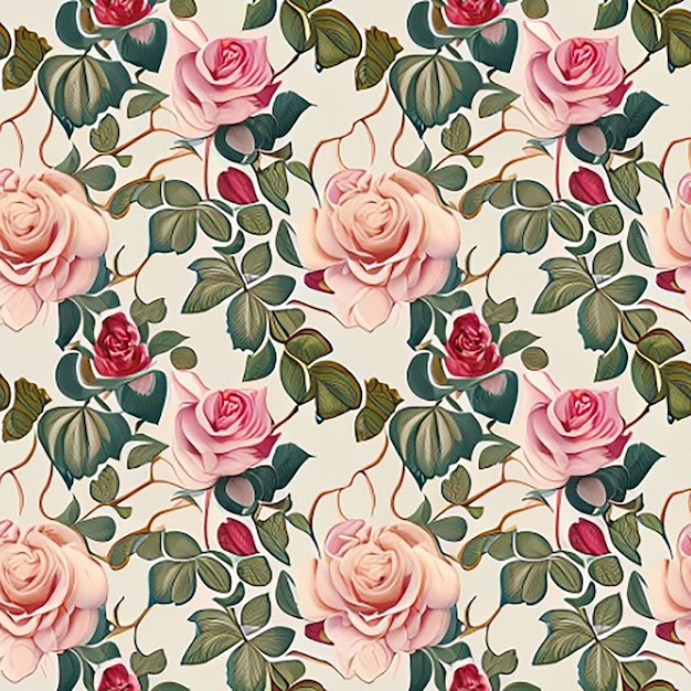 Seamless floral fabric botanical nature textile pattern background with roses with vines and leaves