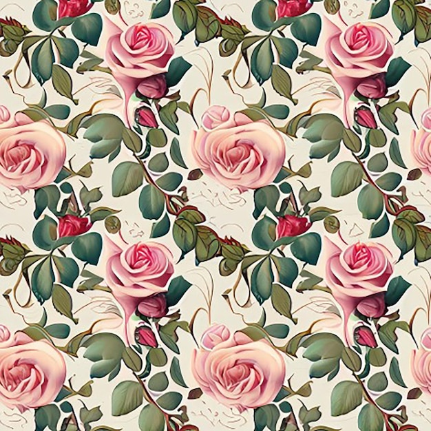 Seamless floral fabric botanical nature textile pattern background with roses with vines and leaves