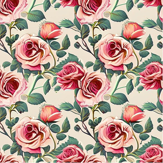 Seamless floral fabric botanical nature textile pattern background with roses with vines and leaves