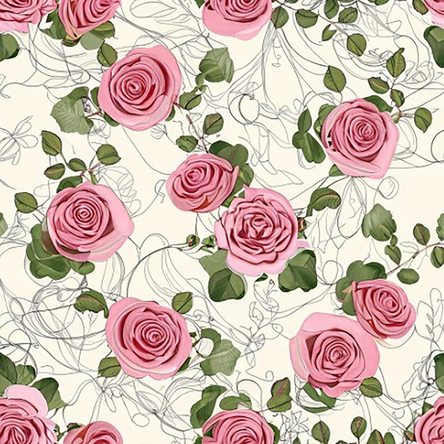 Seamless floral fabric botanical nature textile pattern background with roses with vines and leaves