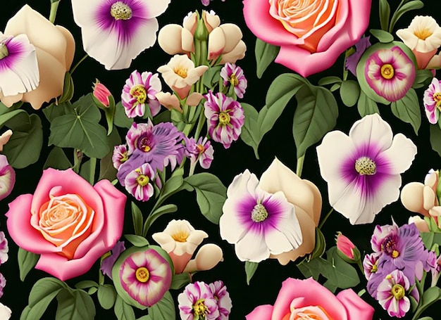 Seamless floral fabric pattern background inspired by a cottage garden with a charming mix of roses