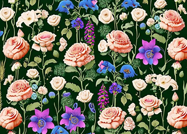 Seamless floral fabric pattern background inspired by a cottage garden with a charming mix of roses