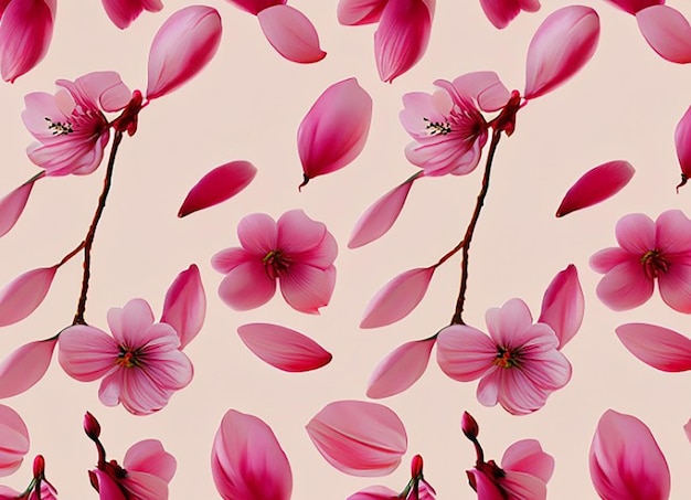 Seamless floral fabric pattern background with blooming cherry blossom flower petals for girls