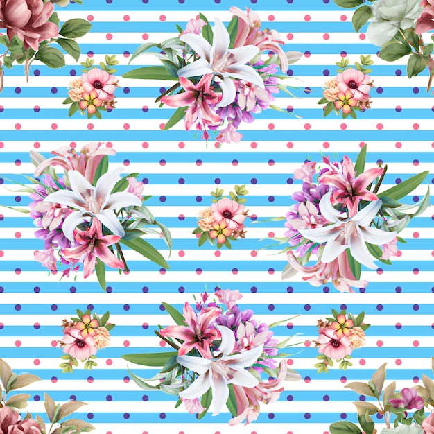 Seamless floral pattern design on a romantic horizontal white and blue stripes background