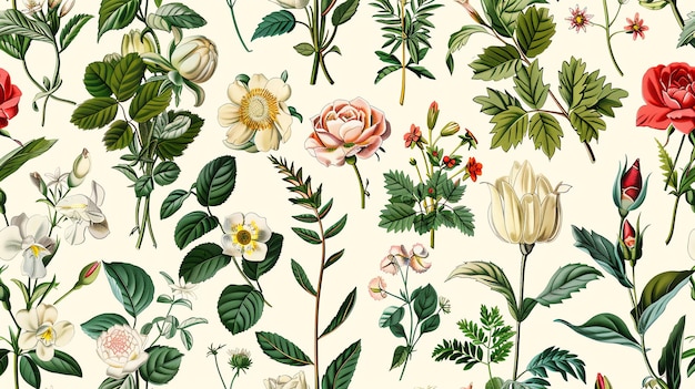 a seamless floral pattern featuring various types of flowers and leaves