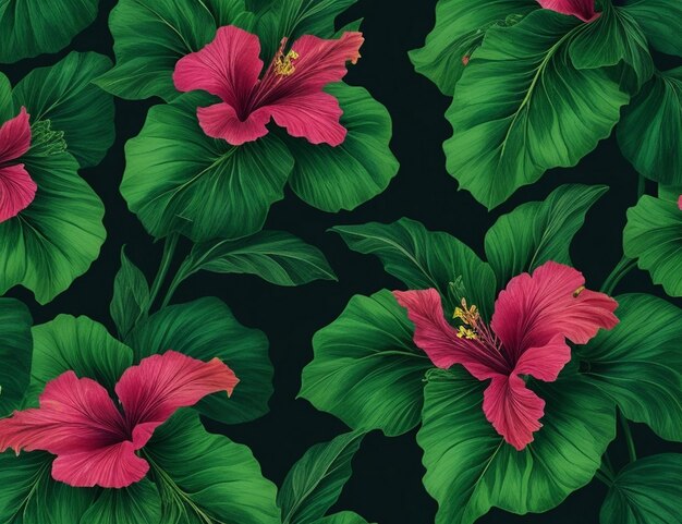 Photo seamless floral pattern hibiscus flower with leaves