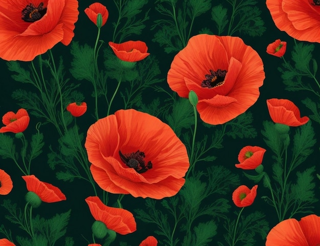 Photo seamless floral pattern poppy flower with leaves