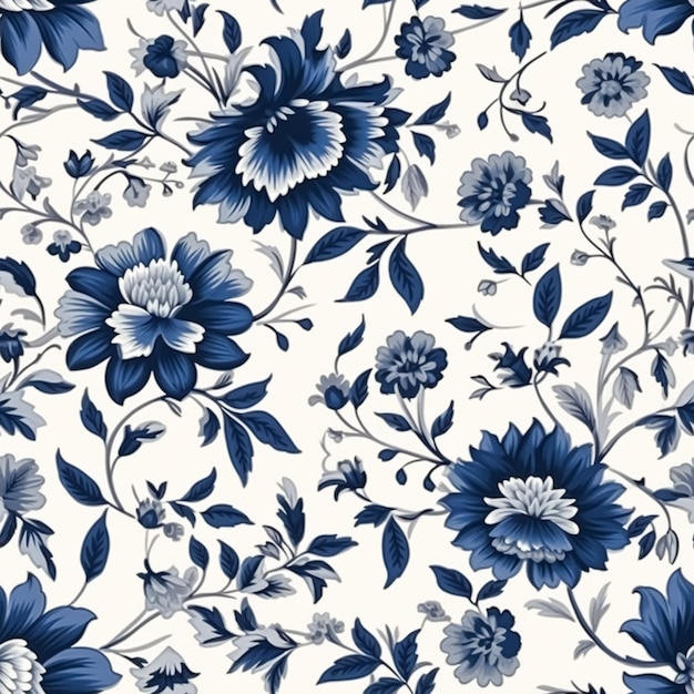 Seamless floral pattern tileable blue and white country style print with flowers for wallpaper wrapping paper scrapbook fabric and product design generative ai