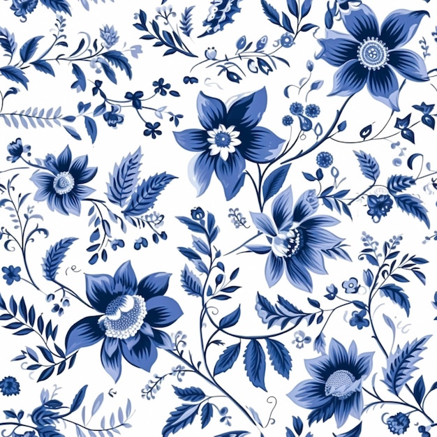 フラワーパターン - 壁紙の花と青と白のカントリースタイルのプリント - スクラップブックの布と製品デザイン - ジェネレーティブアイ