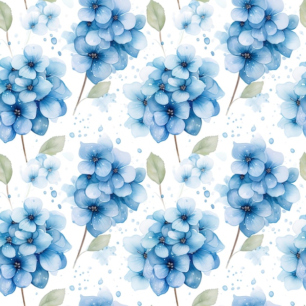 seamless floral pattern of watercolor blue hydrangea flowers on a white background