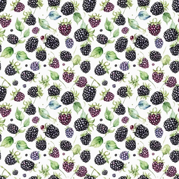 Seamless floral pattern with blackberries on a white background