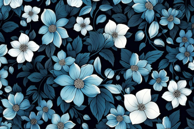 Seamless floral pattern with blue flowers on black background