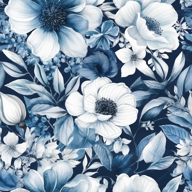 A seamless floral pattern with blue flowers.