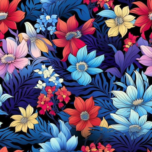 Seamless floral pattern with bright flowers and leaves on a black background generative ai