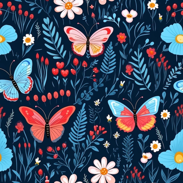 Seamless floral pattern with butterflies and flowers on a dark background generative ai