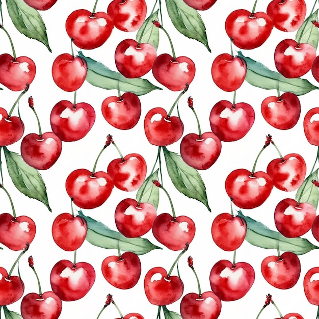 Seamless floral pattern with cherry fruits on a white background