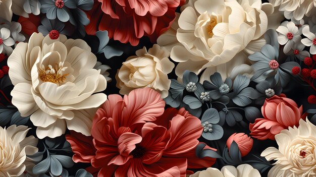 Seamless floral pattern with colorful dahlias chrysanthemum hydrangeas and leaves on black backgro