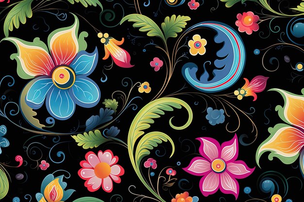 Seamless floral pattern with colorful flowers and leaves on dark background