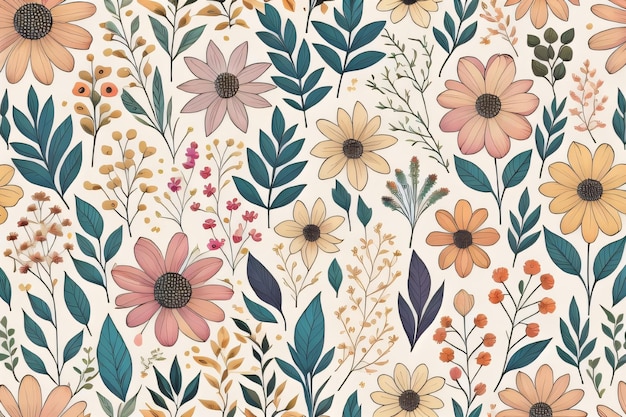 Seamless floral pattern with colorful flowers and leaves on a white background generative ai