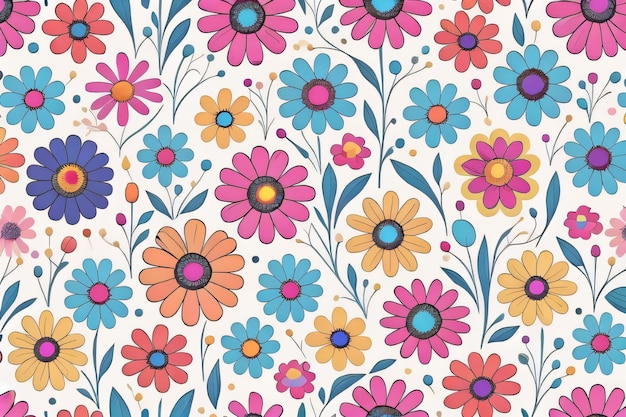 Seamless floral pattern with colorful flowers and leaves on a white background generative ai