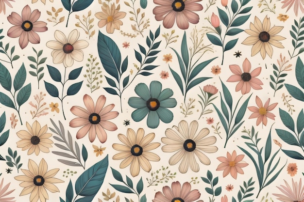 Photo seamless floral pattern with colorful flowers and leaves on a white background generative ai