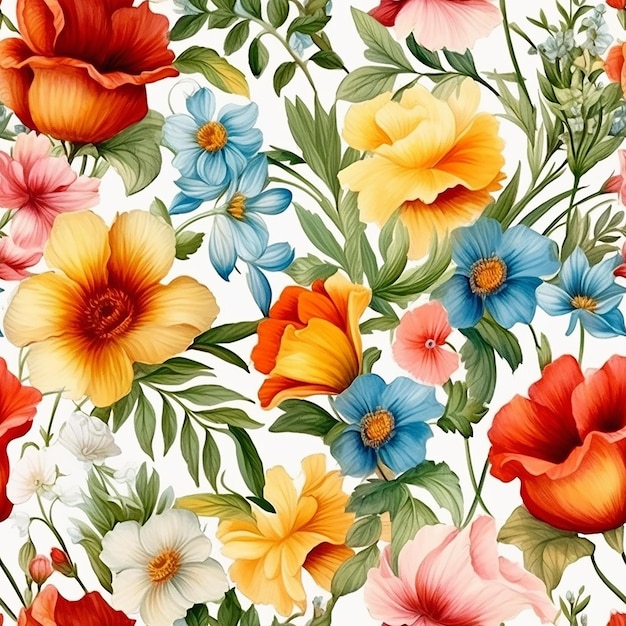 seamless floral pattern with colorful flowers on a white background