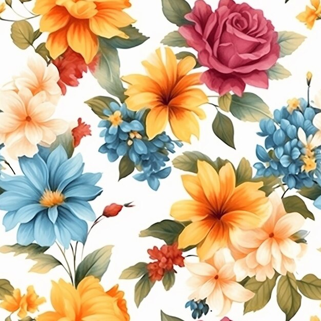 seamless floral pattern with colorful flowers on a white background
