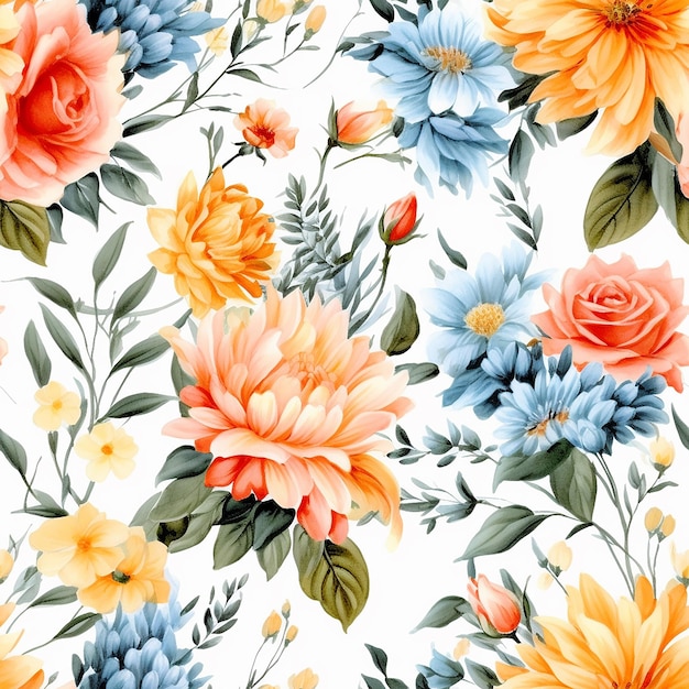 seamless floral pattern with colorful flowers on a white background