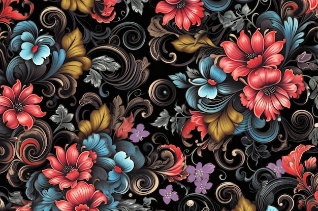 검은 배경에 꽃과 잎이 있는 매끄러운 꽃 패턴