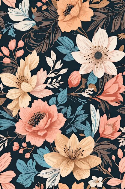 Seamless floral pattern with flowers and leaves Vector illustration
