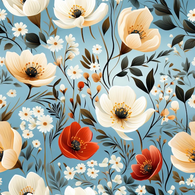Бесшовный цветочный рисунок с цветами на летнем фоновом дизайне для текстильных интерьерных обоев