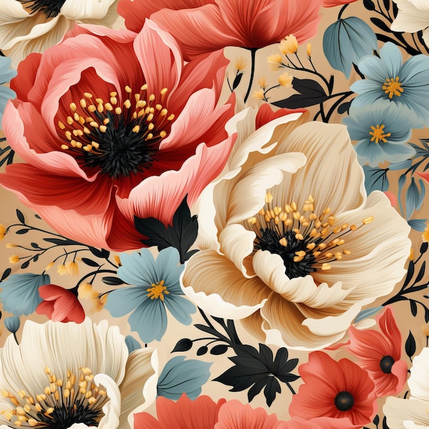 Seamless floral pattern with flowers on summer background design for textiles interior wallpaper