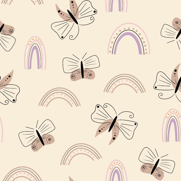 빈티지 스타일의 비행 나비와 꽃과 원활한 꽃 패턴