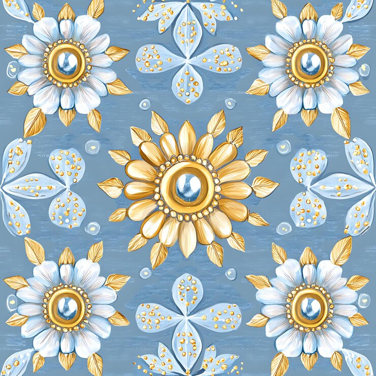seamless floral pattern with gold and blue flowers on a blue background