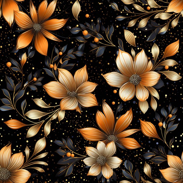 Seamless floral pattern with golden flowers and leaves on a black background generative ai