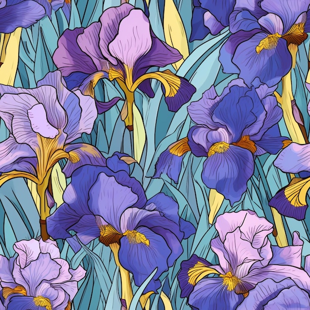 Seamless floral pattern with iris flowers in blue and purple colors generative ai
