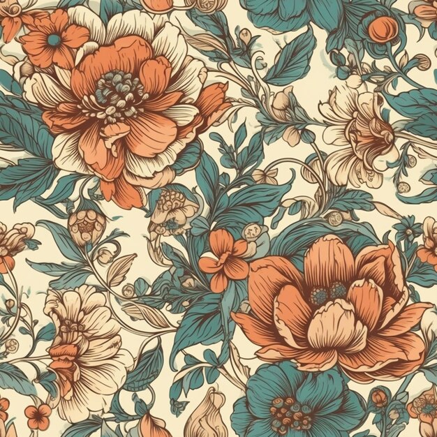 Photo seamless floral pattern with orange and blue flowers on a beige background vector generative ai