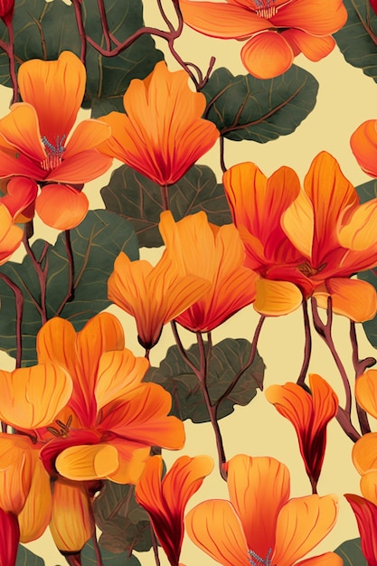 A seamless floral pattern with orange flowers and leaves.