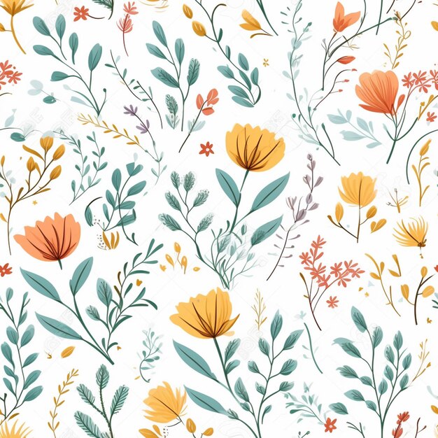 a seamless floral pattern with orange and green flowers on a white background generative ai