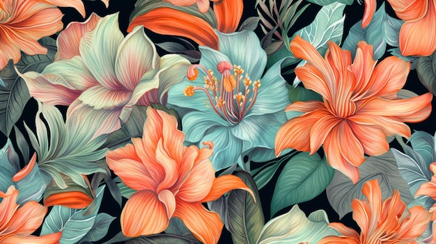 A seamless floral pattern with orange and pink flowers.