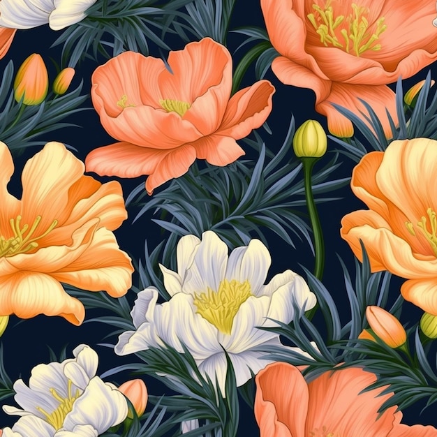 어두운 배경에 오렌지색과 색의 꽃이 있는 매 없는 꽃 패턴.