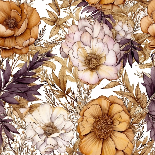 seamless floral pattern with orange and white flowers on a white background generative ai