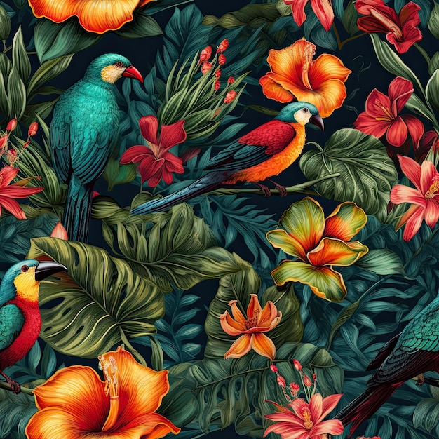 Seamless floral pattern with paradiese birds tropical flowers and monstera leaves