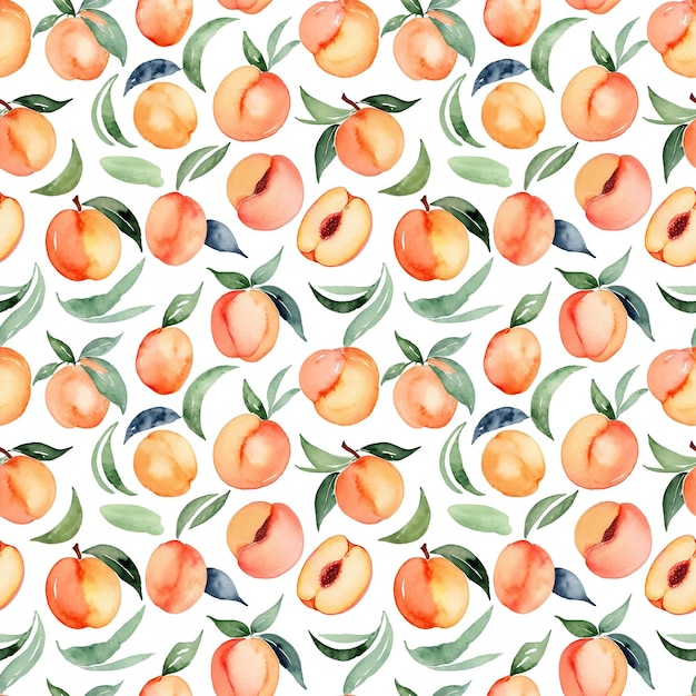 Seamless floral pattern with peach fruits on a white background