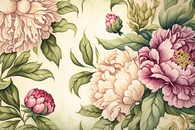 Seamless floral pattern with peonies pastel watercolor Illustration Generative AI