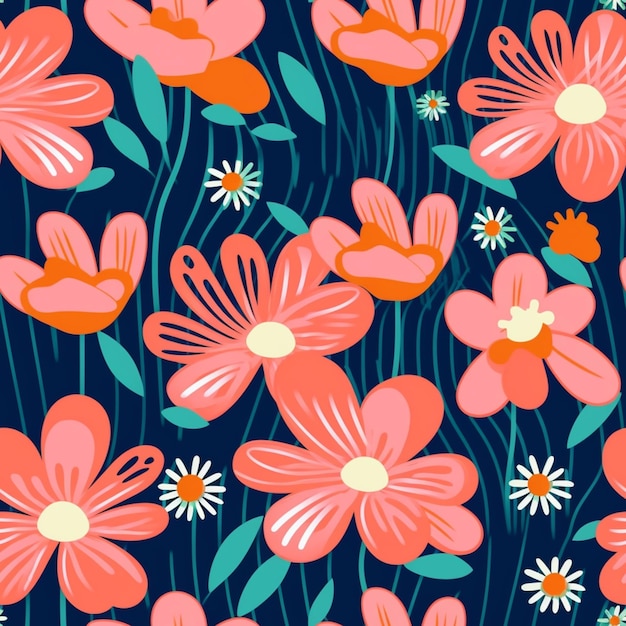 Seamless floral pattern with pink flowers and green leaves generative ai