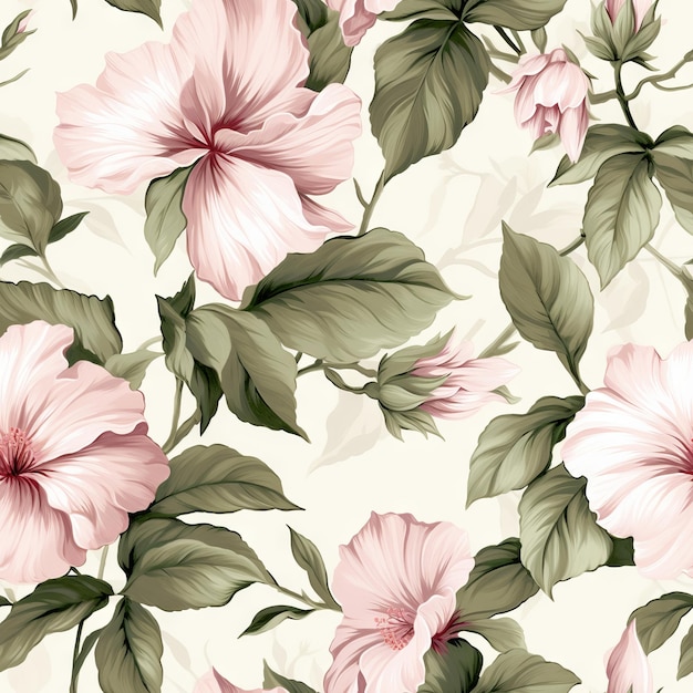 A seamless floral pattern with pink hibiscus flowers.