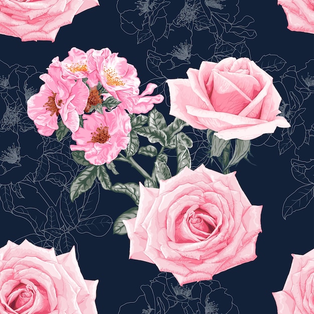 Seamless floral pattern with  pink rose flowers abstract background.