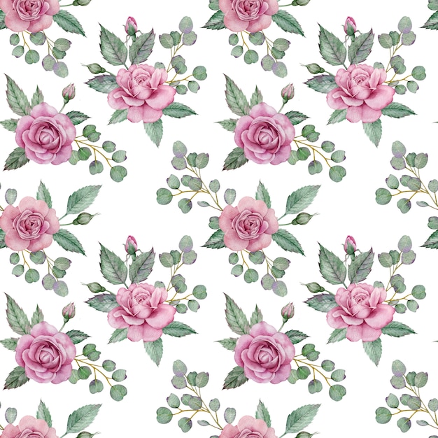 Seamless floral pattern with pink roses and green leaves