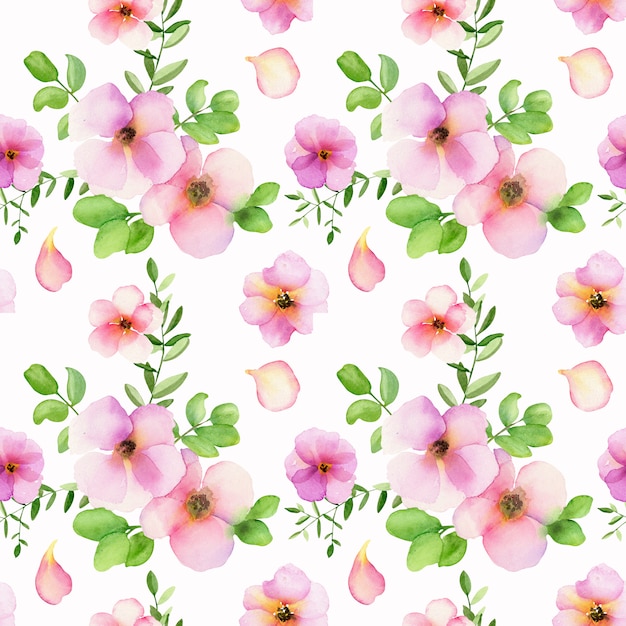 Seamless floral pattern with pink watercolors and green leaves on white.